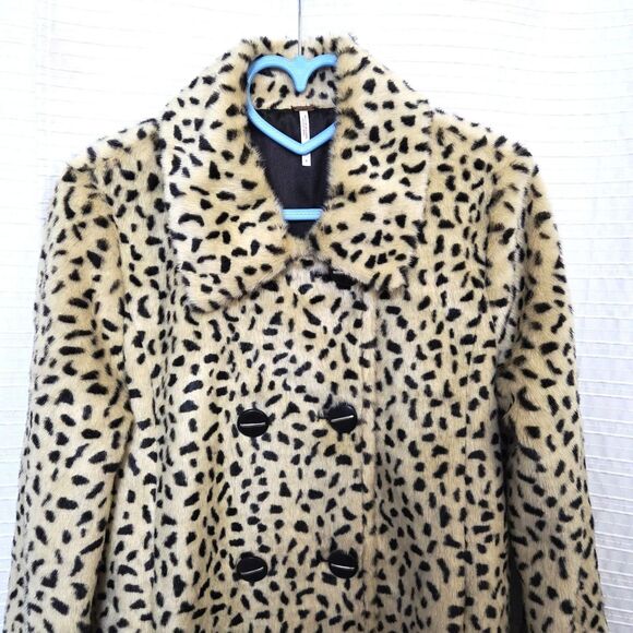 Free People Leopard Print Double Breasted Swing Coat Faux Fur Women's 4 - Picture 14 of 14